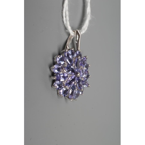 238 - A TANZANITE CLUSTER PENDANT, the circular and marquise cut stones point set to a plain 9ct white gol... 