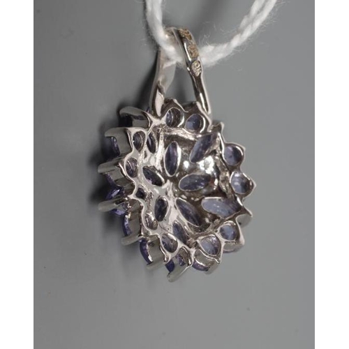 238 - A TANZANITE CLUSTER PENDANT, the circular and marquise cut stones point set to a plain 9ct white gol... 