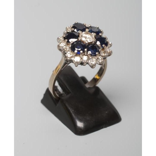 240 - A SAPPHIRE AND DIAMOND CLUSTER RING, the central round brilliant cut diamond in a border of six claw... 