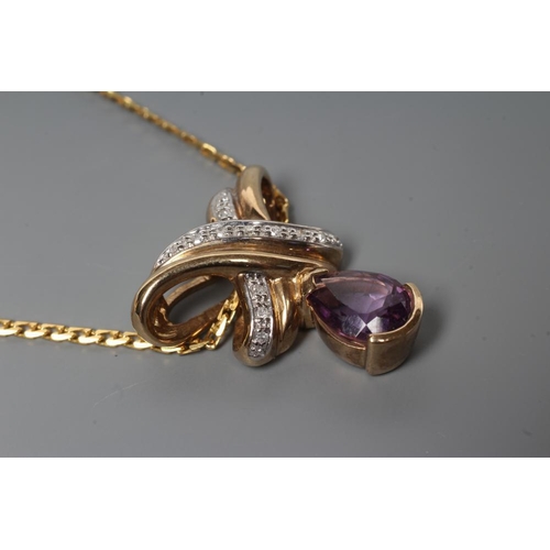 250 - AN AMETHYST AND DIAMOND PENDANT, the oval facet cut amethyst line set below a bi-colour gold entwine... 