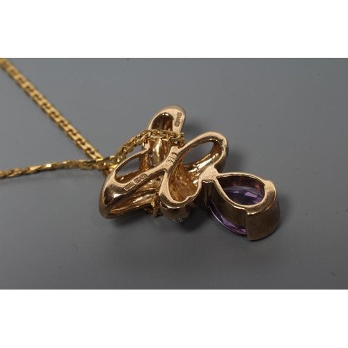 250 - AN AMETHYST AND DIAMOND PENDANT, the oval facet cut amethyst line set below a bi-colour gold entwine... 