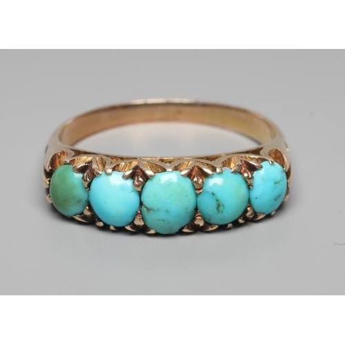 256 - A LATE VICTORIAN TURQUOISE RING, the five oval cabochon polished stones claw set to open shoulders a... 