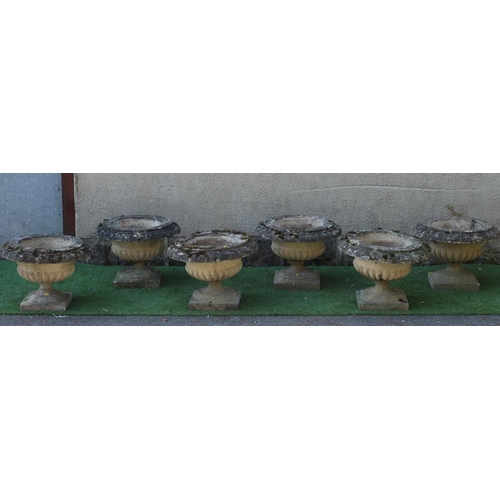 546 - A SET OF SIX CAST STONE URNS of low half fluted campana form with ovolu moulded rims, on waisted soc... 