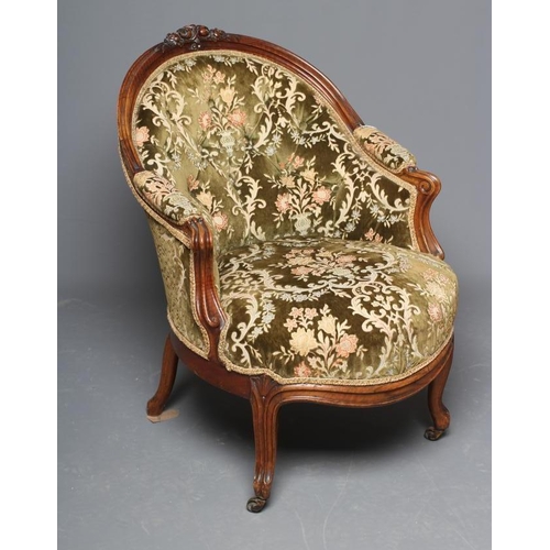 664 - A VICTORIAN WALNUT SHOW FRAME NURSING CHAIR button upholstered in green cut velvet, the arched back ... 