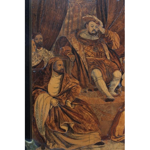 301 - A VICTORIAN MARQUETRY PICTURE, of oblong form and depicting the court of King Henry VIII, set in a b... 