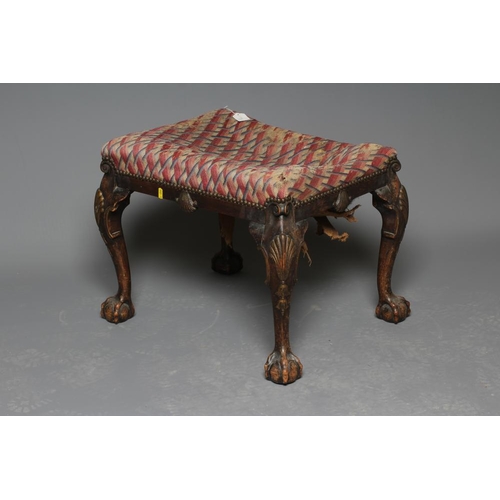 628 - A MAHOGANY AND PARCEL GILT DRESSING STOOL of mid Georgian design, 19th century, the oblong seat upho... 