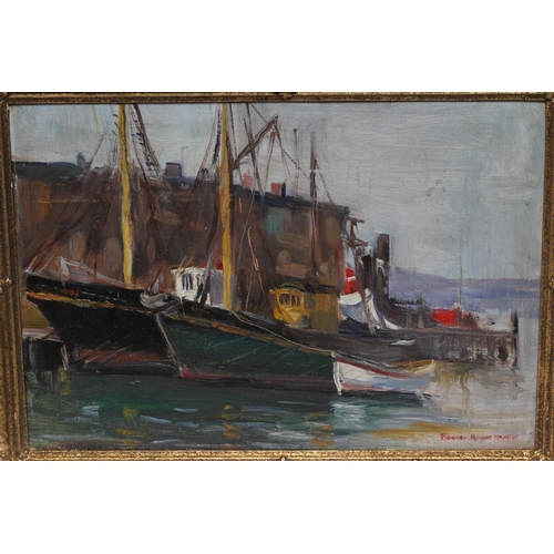 392 - FLORENCE ARMES HOSMER (American 1880-1978) Harbour Scene with Fishing Boats, oil on panel, signed, 1... 