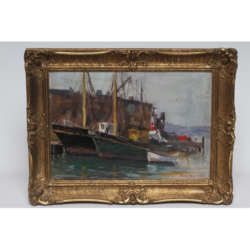 392 - FLORENCE ARMES HOSMER (American 1880-1978) Harbour Scene with Fishing Boats, oil on panel, signed, 1... 