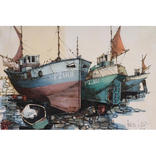 393 - ANTHONY LITNI (20th century), Fishing Boats in Dry Dock, oil on canvas, signed and dated (19)75, 30