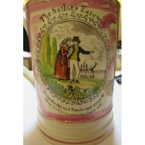 39 - A SUNDERLAND PINK SPLASH LUSTRE POTTERY DUTCH JUG, c.1800, printed in black with the 