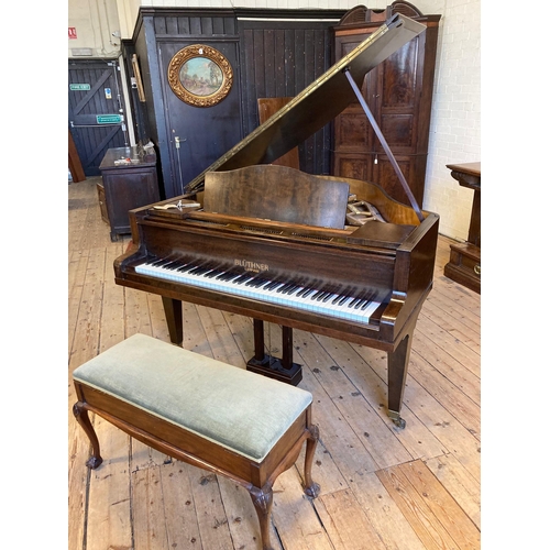 675 - A BLUTHNER BABY GRAND PIANO, in mahogany case with arched solid music stand, raised on square taperi... 