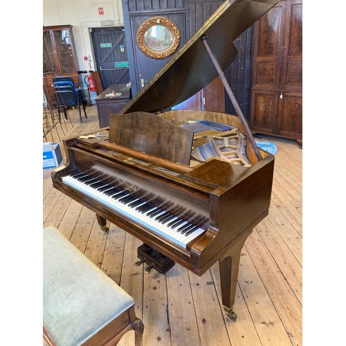 675 - A BLUTHNER BABY GRAND PIANO, in mahogany case with arched solid music stand, raised on square taperi... 