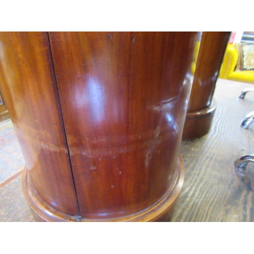 649 - A PAIR OF VICTORIAN MAHOGANY BEDSIDE CABINETS of cylindrical form with inset veined white marble top... 