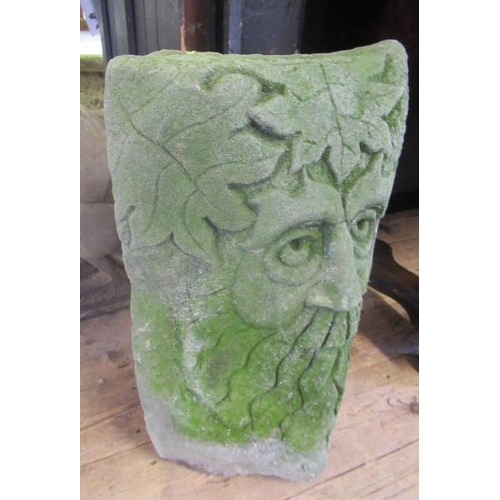 487 - A CARVED SANDSTONE GREEN MAN MASK CORNER STONE, 10 1/4