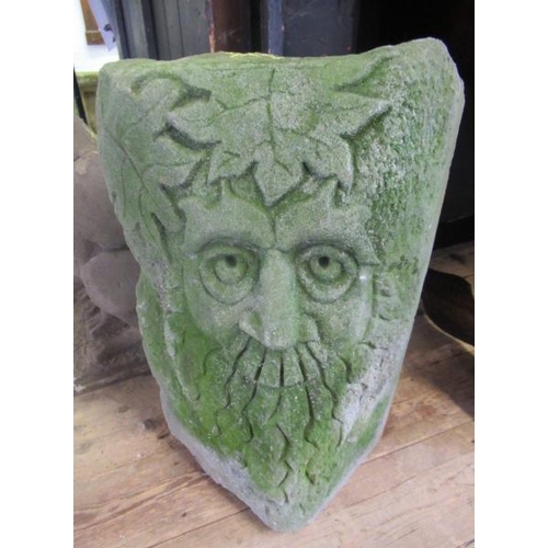 487 - A CARVED SANDSTONE GREEN MAN MASK CORNER STONE, 10 1/4