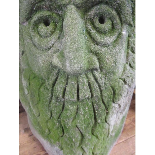 487 - A CARVED SANDSTONE GREEN MAN MASK CORNER STONE, 10 1/4