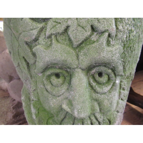 487 - A CARVED SANDSTONE GREEN MAN MASK CORNER STONE, 10 1/4