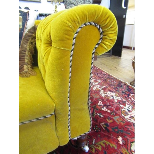 624 - A VICTORIAN WALNUT FRAMED CHESTERFIELD DROP END SETTEE button upholstered in mustard yellow velvet, ... 