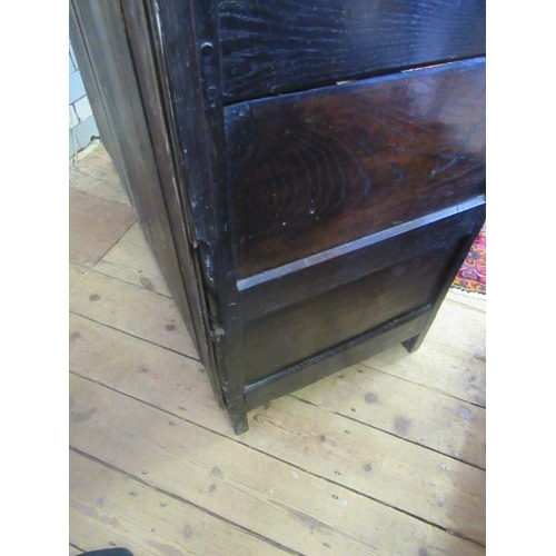 662 - AN OAK CLOTHES PRESS, c.1700, the moulded edged plank top over a pair of twin panel doors enclosing ... 