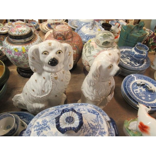 104 - PAIR OF STAFFORDSHIRE DOGS AND A BLUE AND WHITE SOUP TUREEN