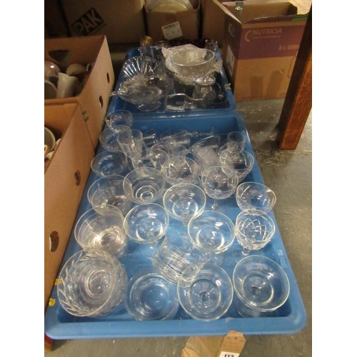 113 - TWO BLUE TRAYS OF GLASSWARE