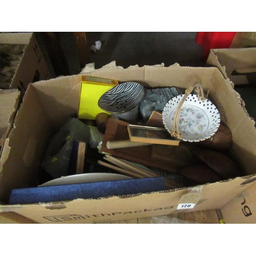 120 - BOX OF MISCELLANEOUS INCLUDING WOODEN ITEMS CAMERAS ETC