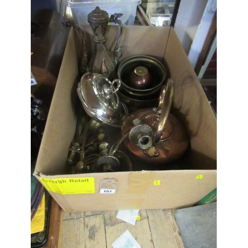 157 - BOX OF COPPER AND BRASS ETC