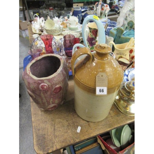 66 - STONEWARE FLAGON AND TWO VASES