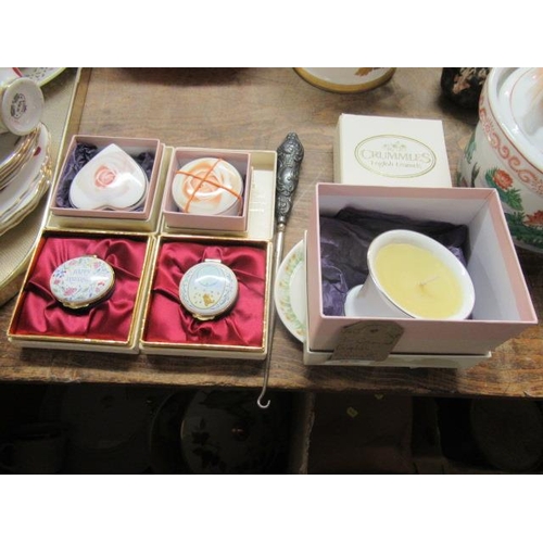 92 - THREE CRUMMELS ENAMEL BOXES AND ROSE CHINA ETC