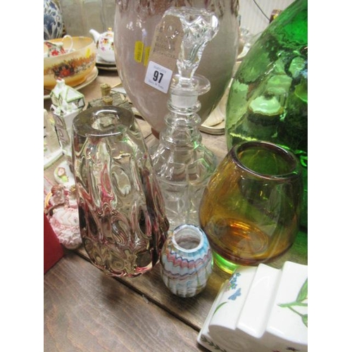 97 - THREE GLASS VASES AND A DECANTER