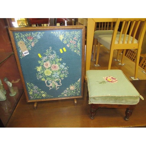 1023 - EMBROIDERED FIRESCREEN AND A FOOTSTOOL