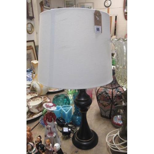 88 - DARK TURNED WOOD LAMP WITH LINEN SHADE