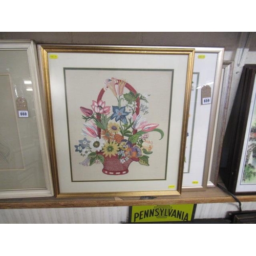 659 - TWO EMBROIDERED PICTURES AND A PRINT