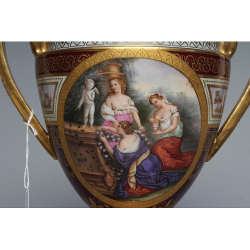 21 - A VIENNA PORCELAIN TWO HANDLED CUP, COVER AND STAND, late 19th century, the rounded conical body wit... 