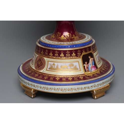 21 - A VIENNA PORCELAIN TWO HANDLED CUP, COVER AND STAND, late 19th century, the rounded conical body wit... 