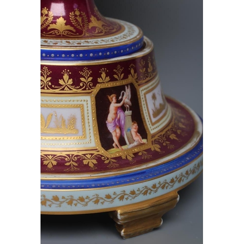 21 - A VIENNA PORCELAIN TWO HANDLED CUP, COVER AND STAND, late 19th century, the rounded conical body wit... 