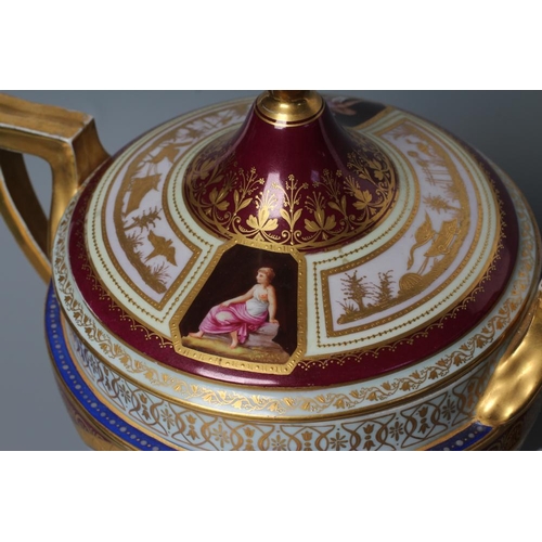 21 - A VIENNA PORCELAIN TWO HANDLED CUP, COVER AND STAND, late 19th century, the rounded conical body wit... 