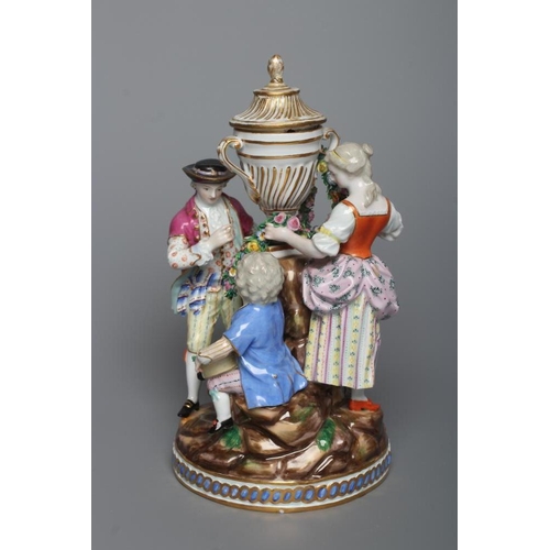 22 - A MEISSEN PORCELAIN FIGURE GROUP, 19th century, modelled as a young couple threading a flower garlan... 