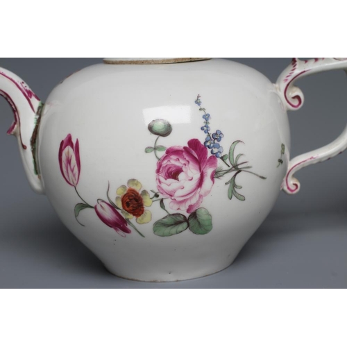 27 - A HOCHST PORCELAIN TEAPOT AND COVER, c.1760, of globular form with scroll handle and mask spout, pai... 