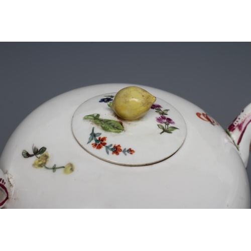 27 - A HOCHST PORCELAIN TEAPOT AND COVER, c.1760, of globular form with scroll handle and mask spout, pai... 