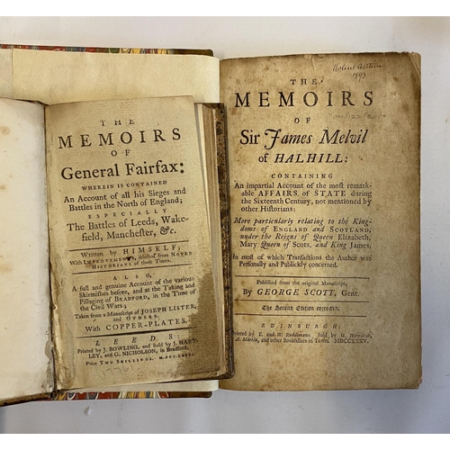 280 - THE MEMOIRS OF SIR JAMES MELVIL OF HALHILL, George Scott, 1735, Edinburgh, recent quarter calf bindi... 