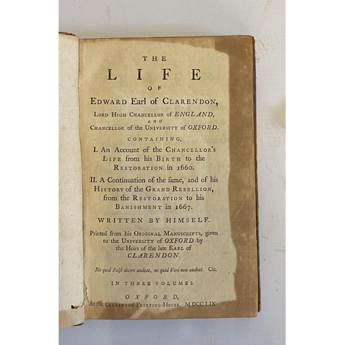 284 - THE LIFE OF EDWARD EARL OF CLARENDON, 1759, at the Clarendon Printing House, Oxford, 3 Vols, contemp... 