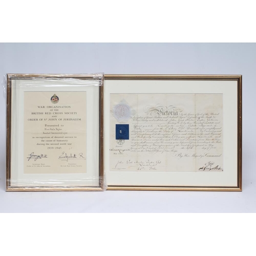 305 - ROYAL MILITARY COLLEGE, framed certificate, 1857 with Commission for John East Hunter Peyton in 60th... 