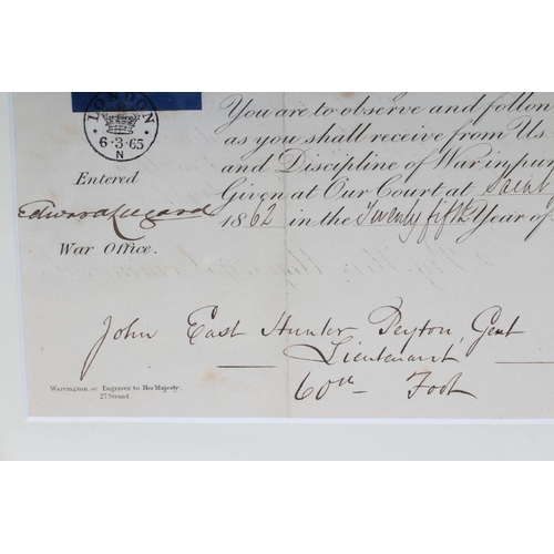 305 - ROYAL MILITARY COLLEGE, framed certificate, 1857 with Commission for John East Hunter Peyton in 60th... 