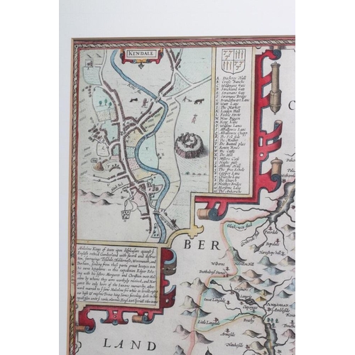 326 - JOHN SPEED (1552-1629) Westmorland, hand coloured engraved map, 1614/27(?) edition, with plan of Ken... 