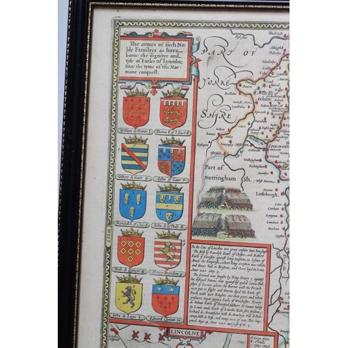 328 - JOHN SPEED (1552-1629) Lincolnshire, hand coloured engraved map, 1676 edition, with plan of Lincoln,... 