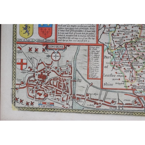 328 - JOHN SPEED (1552-1629) Lincolnshire, hand coloured engraved map, 1676 edition, with plan of Lincoln,... 