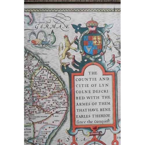 328 - JOHN SPEED (1552-1629) Lincolnshire, hand coloured engraved map, 1676 edition, with plan of Lincoln,... 