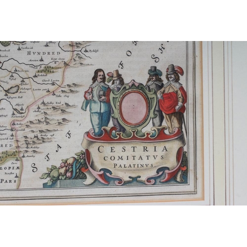 332 - JOHANNES BLAEU (1650-1712) Cheshire, hand coloured engraved map, 1662 edition, with coats of arms an... 