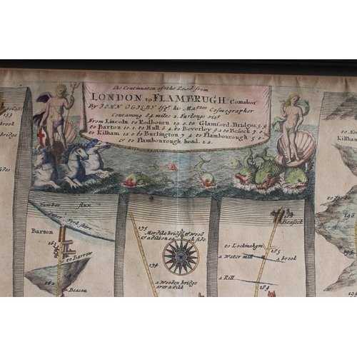 334 - JOHN OGILBY (1600-1676) York to Scarborough/Whitby, engraved map, ribbon form, c.1675, hand coloured... 